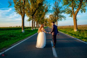A couple walking down a tree-lined country road at sunset with golden light filtering through the leaves.