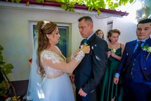 Wedding party members gathered in a bright outdoor setting with formal attire.
