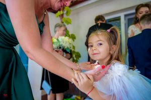 A small flower girl in a white puffy dress watches the wedding festivities.