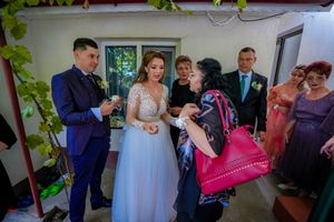 Wedding party members gather in a bright indoor space with greenery visible through windows.