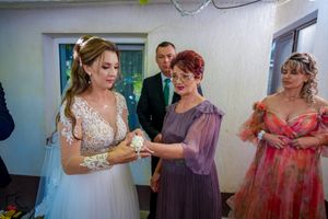 Multiple candid shots of wedding party members interacting during a celebration.