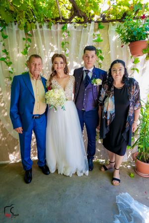 Wedding party members arranged for formal photo under garden trellis.