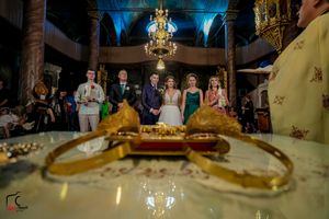 Wedding venue with stunning architectural details highlighted by blue and gold lighting.