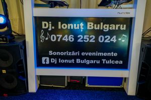 DJ event service banner displaying contact information and social media details.