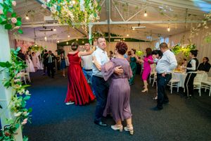 Celebration venue decorated with green foliage and string lights for a festive atmosphere.
