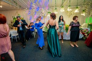 Wedding reception guests dancing under decorative hanging lights and greenery.