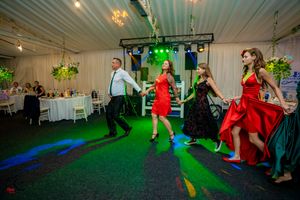 Wedding guests performing synchronized dance moves under colorful venue lighting.