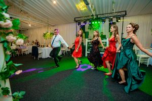 Lively group dance at a wedding reception with green lighting effects.