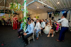 Wedding reception venue decorated with green lighting and foliage features guests seated in rows of chairs.