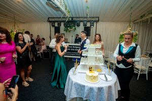 Wedding celebration space with elegant table settings and mood lighting.