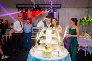 Wedding venue illuminated with purple and red lighting effects during evening celebration.