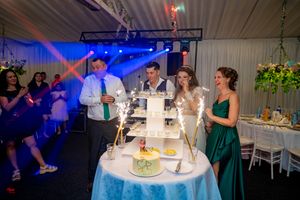 Wedding party gathered around an elegant tiered cake display with dramatic lighting effects.