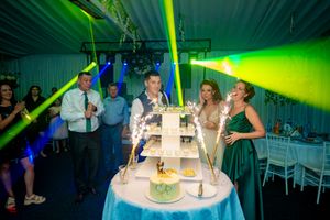 Wedding reception venue illuminated with vibrant green lighting and decorated tables for celebration.