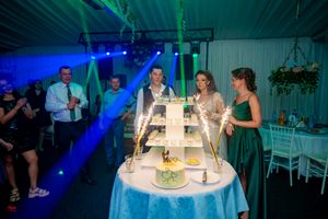 Wedding reception hall bathed in green and blue lighting with decorated tables and floral arrangements.