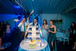 Joyful moment at wedding reception with sparklers around tiered cake display and blue ambient lighting.