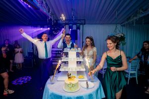 Wedding celebration with multi-tiered cake display and dramatic purple lighting effects in reception venue.