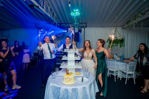 Wedding celebration in venue with blue lighting and sparklers surrounding elegant tiered display.