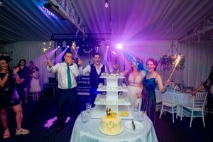 Wedding reception scene with purple lighting and sparklers surrounding a multi-tiered display.