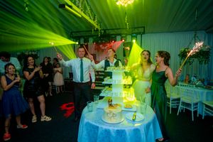 Wedding party celebrates around a tiered cake display with dramatic green lighting effects in an indoor reception venue.