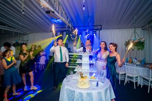 Celebratory moment at wedding reception with blue lighting and sparklers around multi-tiered display.