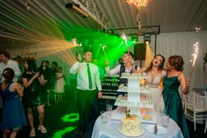 Wedding reception scene with cake display illuminated by vibrant green lighting effects.