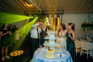Wedding reception venue with cake display highlighted by dramatic yellow-green lighting.