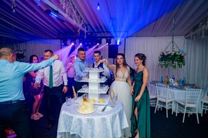 Wedding reception venue illuminated in blue light as guests celebrate around a white tiered cake.