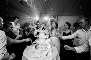 Black and white photo captures energetic moments during a wedding cake celebration.
