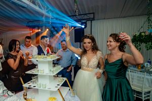 Wedding celebration with guests surrounding a tiered cake under atmospheric blue lighting.