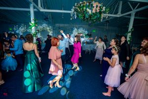 Wedding guests dancing and celebrating on a dimly lit dance floor with decorative greenery.