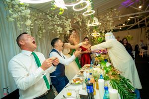 Joyful celebration with guests toasting during a wedding reception under floral decorations.