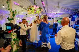 Wedding celebration in progress with dynamic lighting and natural greenery decorations.