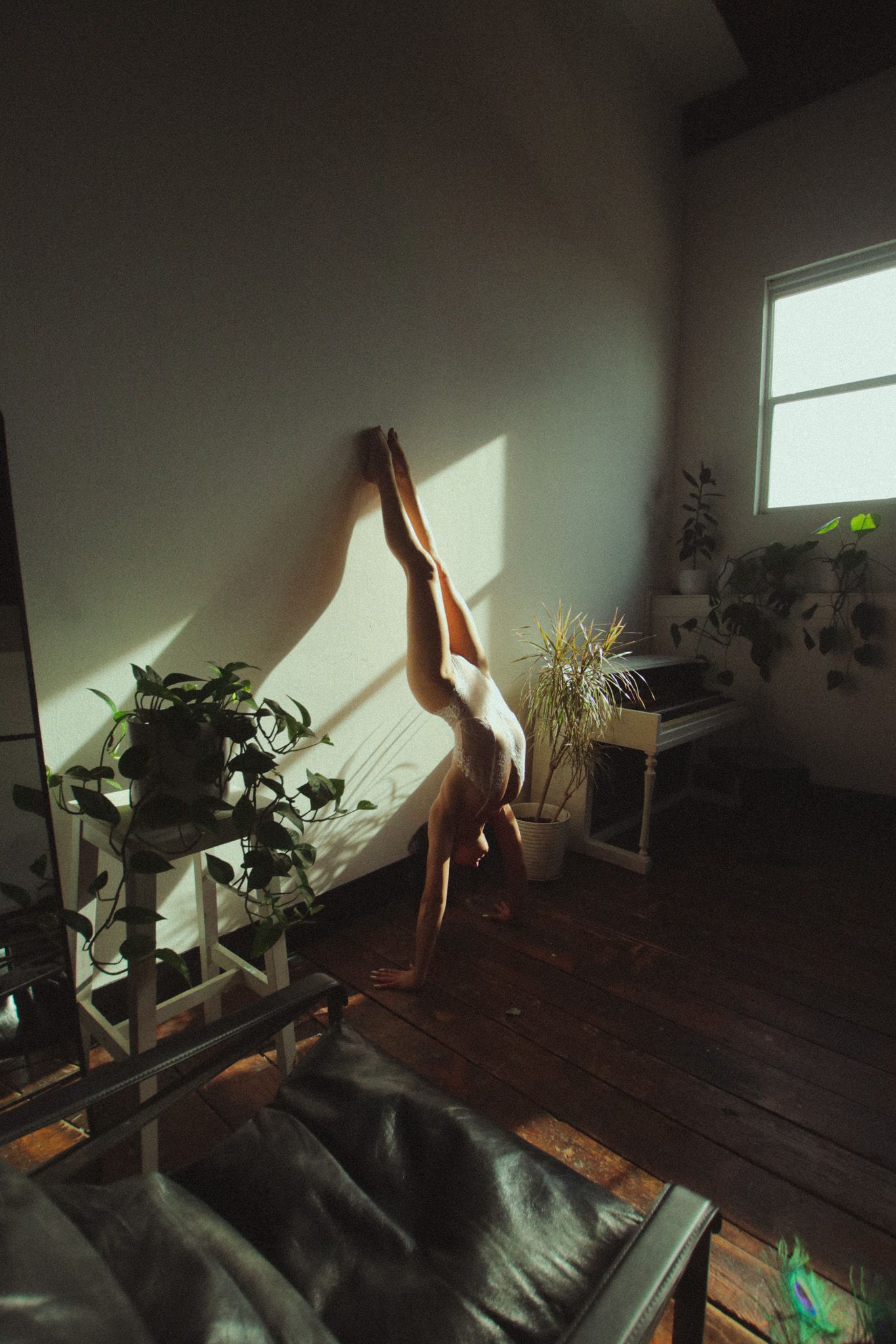 Artistic silhouette of a person doing a handstand in a sunlit room with plants.