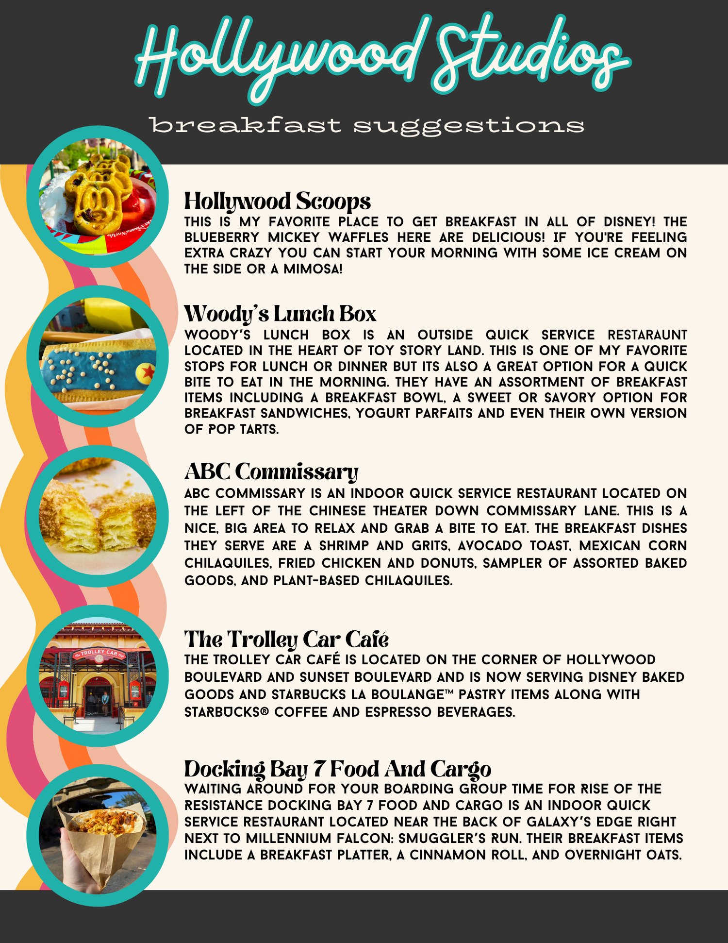 Informational guide showing breakfast dining options at Hollywood Studios theme park.