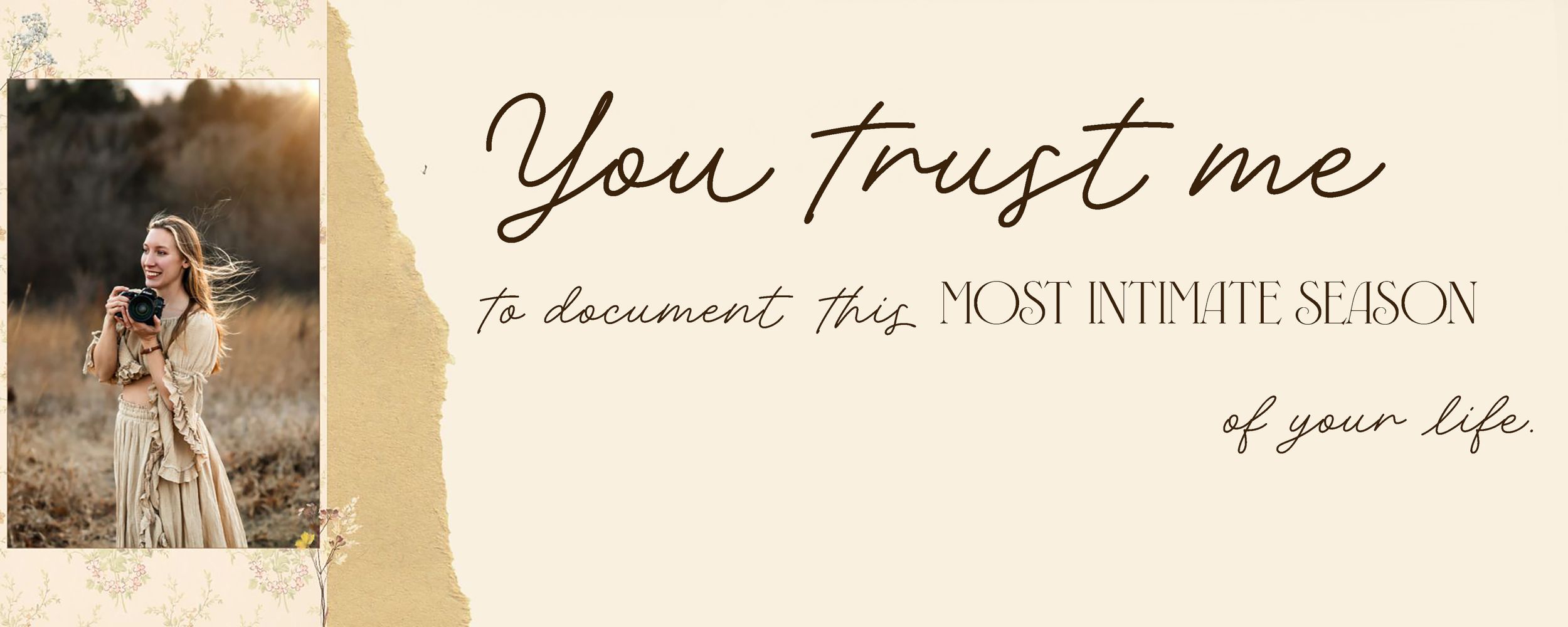 Ethereal sunset photo through tall grass with elegant rustic text overlay reading 'You trust me' in script font.