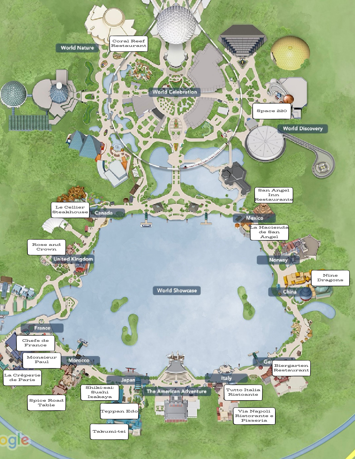 Aerial map view of EPCOT theme park showing attractions and landmarks around World Showcase Lagoon at Walt Disney World.