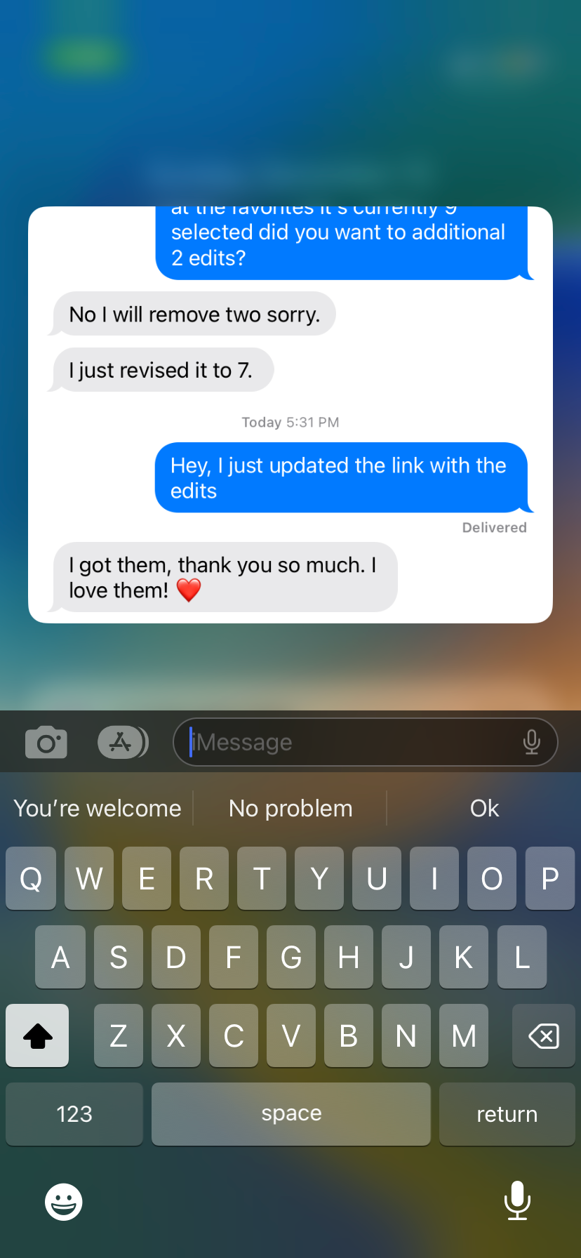 Screenshot of text message conversation about editing and updating content.