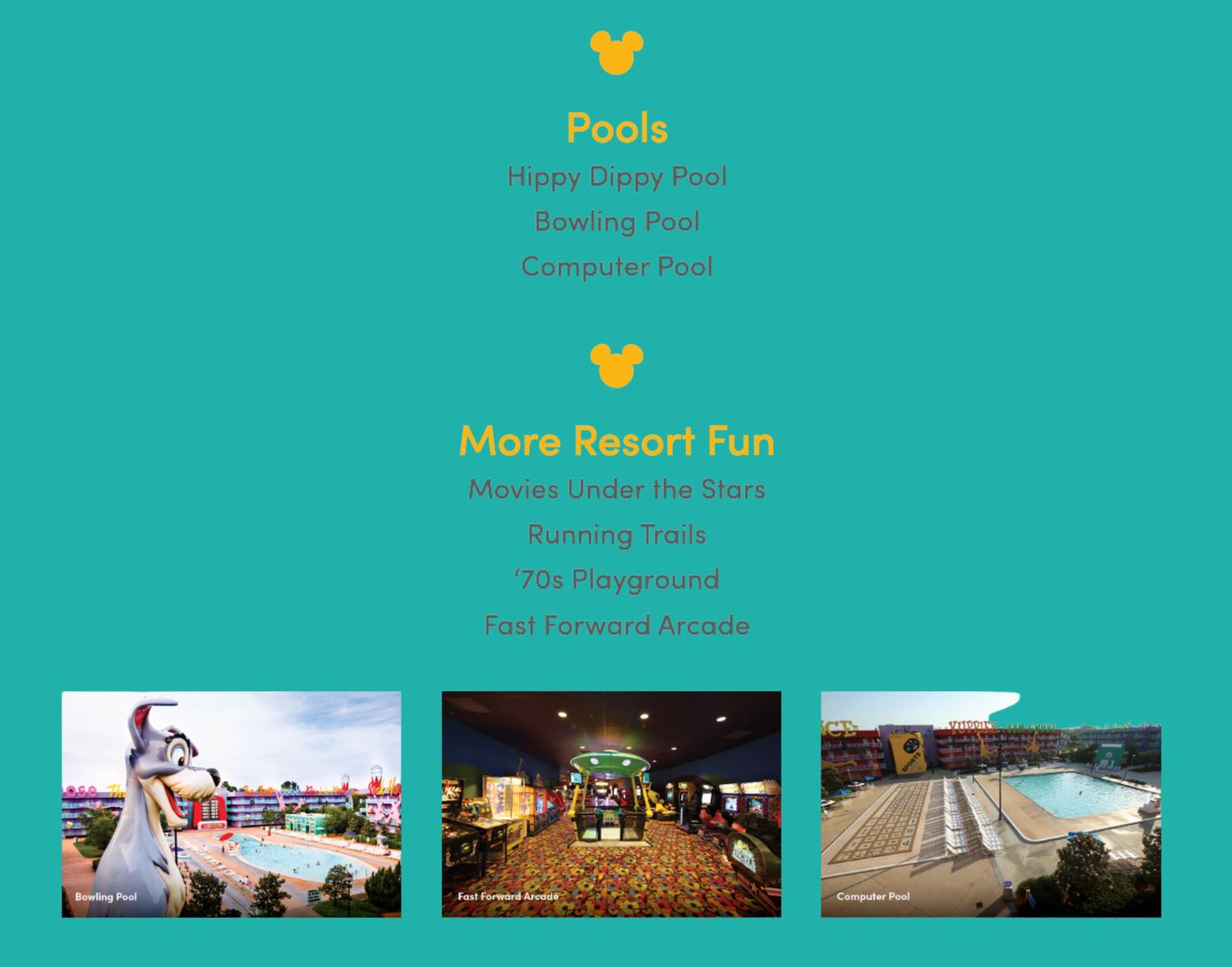Resort amenities menu showing pool options and activities with thumbnail images.