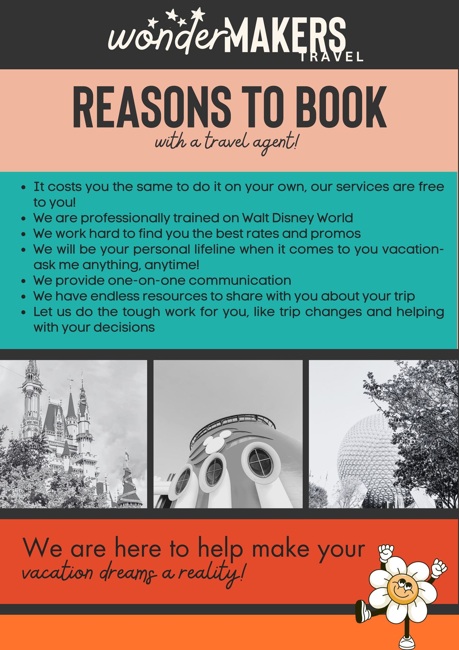 Travel agency promotional graphic listing reasons to book with WonderMakers Travel including free services and black and white photos.