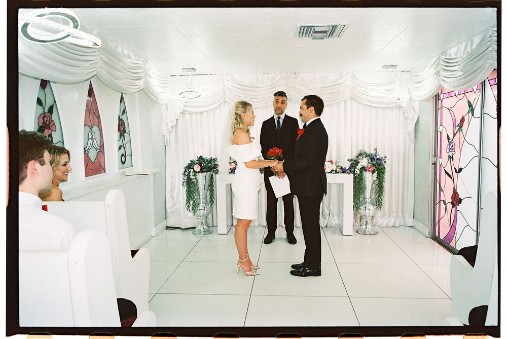 Las Vegas elopement in 35mm film at Little White chapel