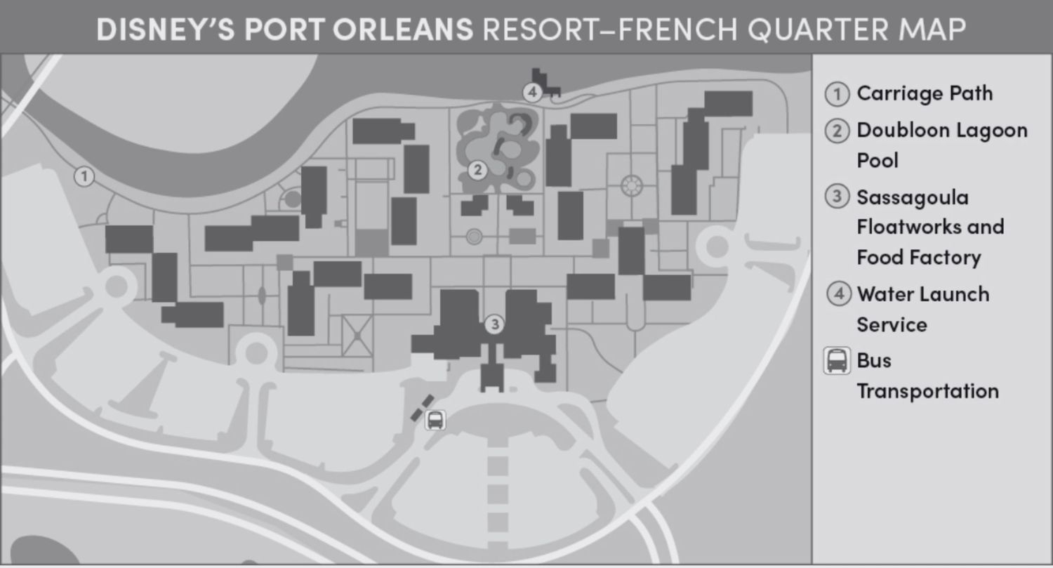 Detailed map layout of Disney's Port Orleans Resort French Quarter in grayscale.