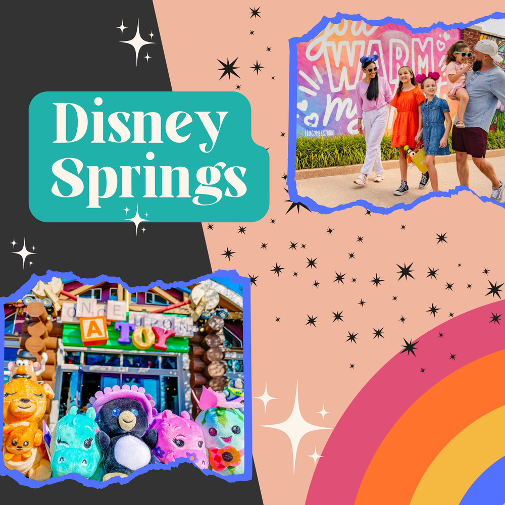 Decorative banner design featuring Disney theme park elements with sparkles and rainbow colors.