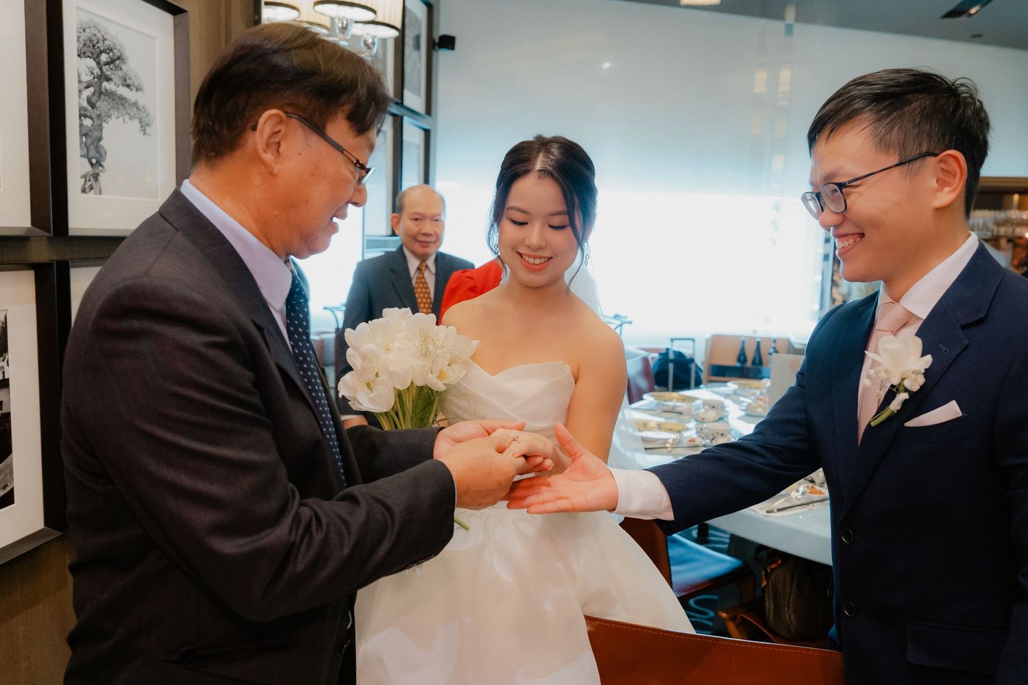 Wedding celebration scene captured in multiple connected frames showing joyful moments at a reception.
