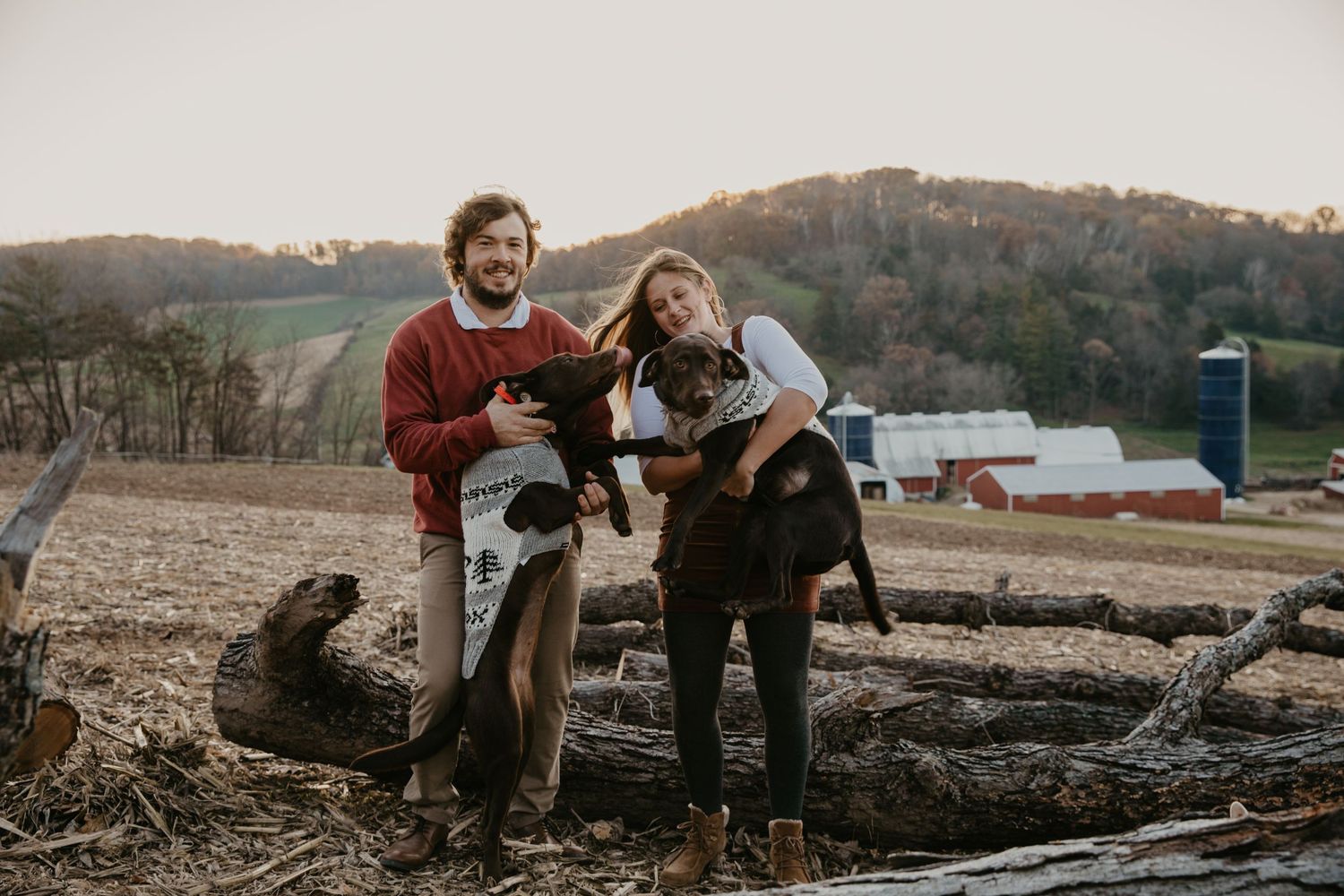 Family relaxes together on fallen logs during an outdoor photo session.