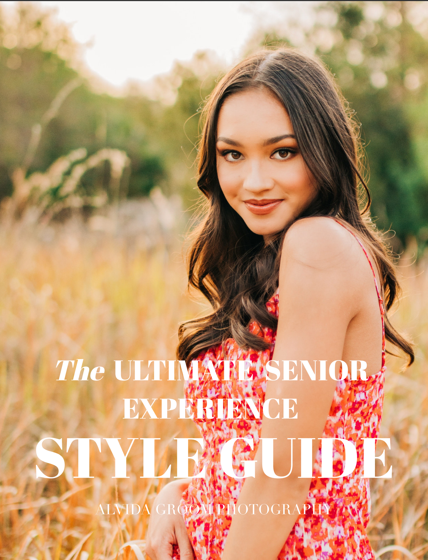 A photography style guide cover featuring a vibrant red floral dress in a golden field during sunset.