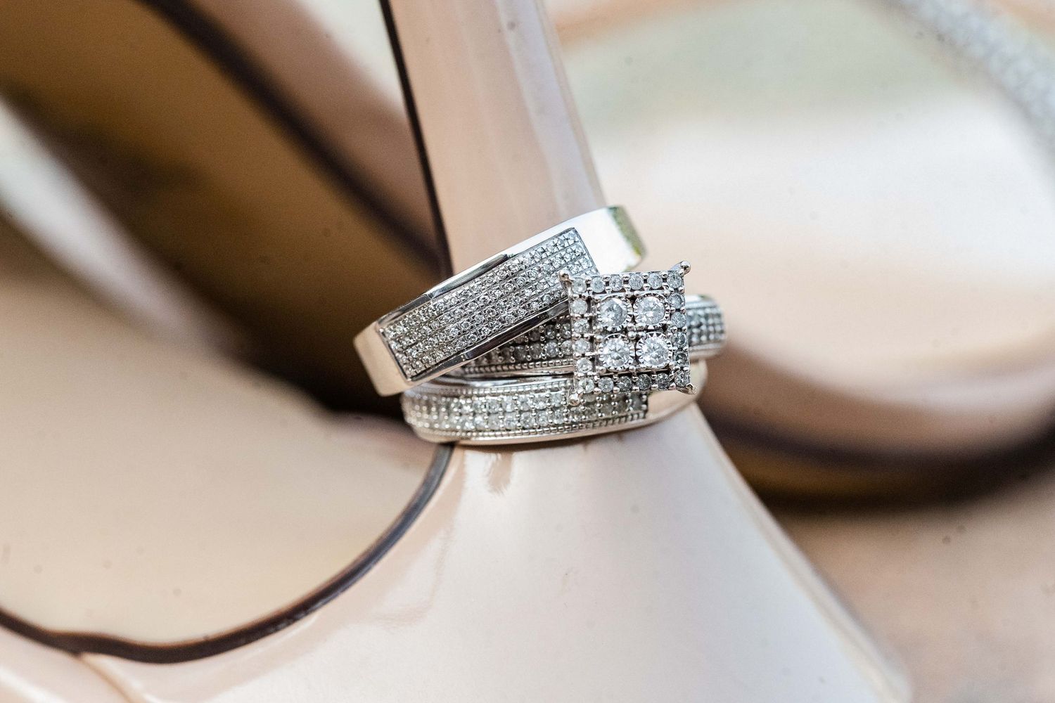 Sparkling diamond wedding bands photographed in macro detail.