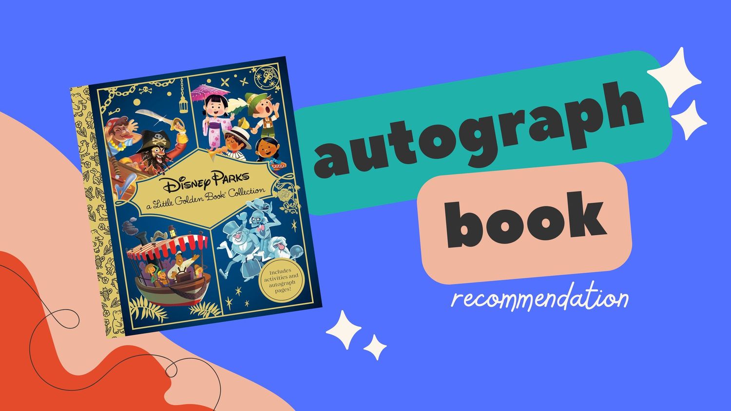 Disney themed autograph book information banner with cartoon characters and text.