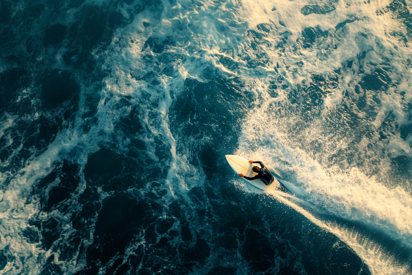 Silhouetted surfer rides a wave against a golden sunset sky as ocean spray creates a dramatic backdrop.