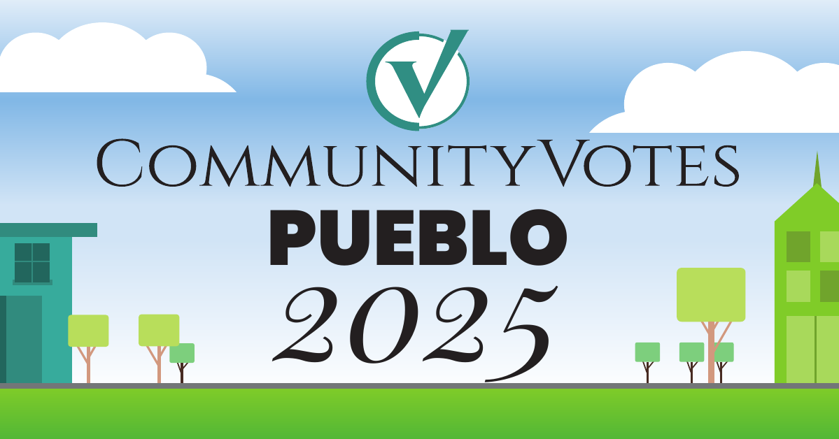 The header of a civic community votes website features green trees, buildings and text displaying 'Community Votes 2025'.