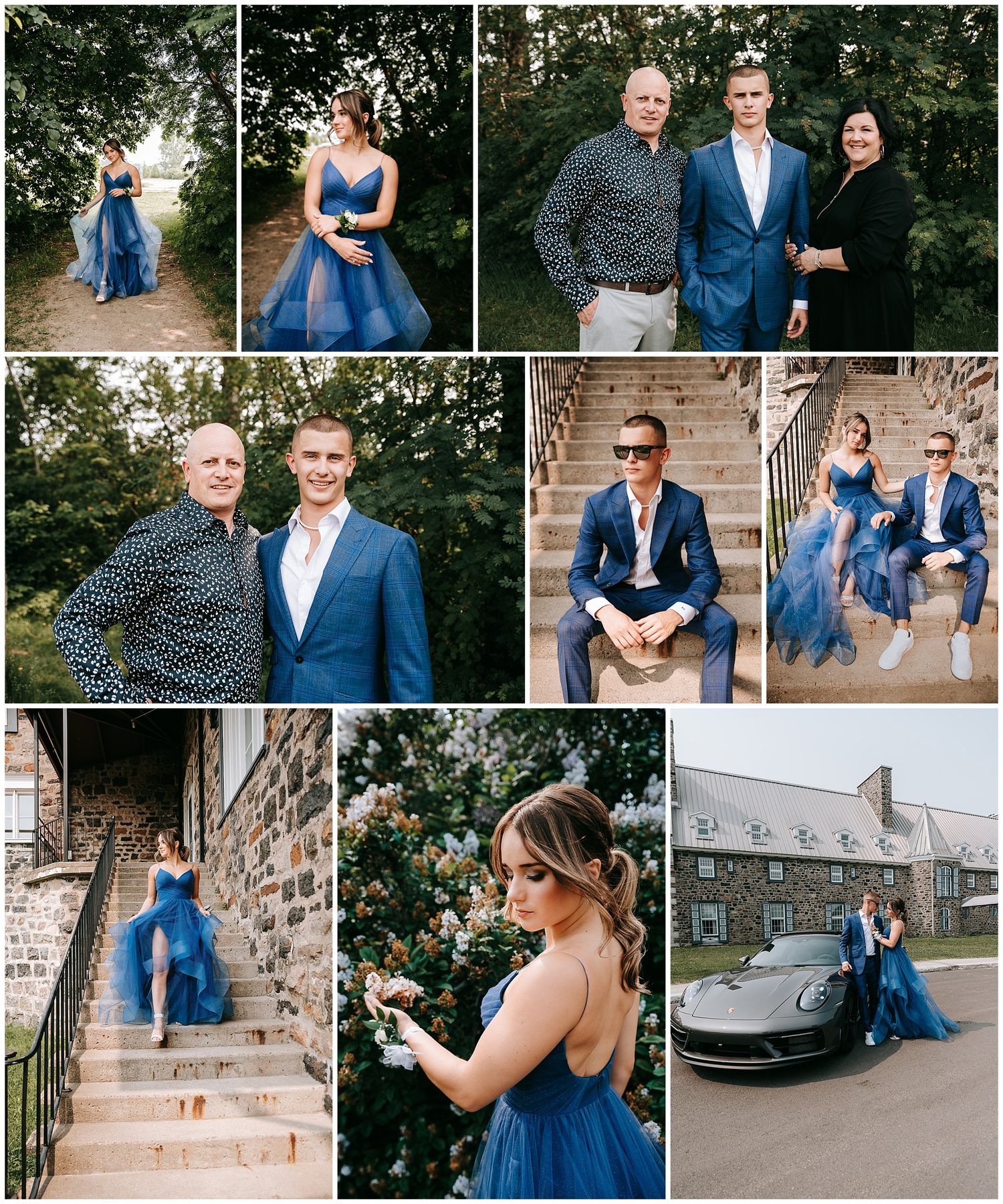 Formal event photo collection featuring elegant blue dresses and suits against stone architecture.